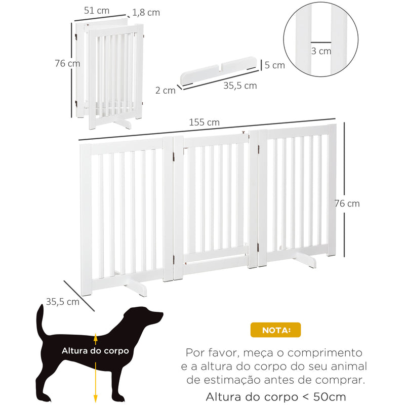 Barreira para Cães de Madeira Barreira para Animais de Estimação Dobrável de 3 Painéis com 1 Porta e Pés de Apoio para Corredor Escada 155x35,5x76 cm Branco