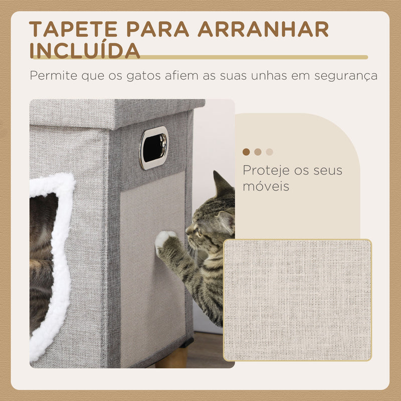 Cama Caverna para Gatos 2 em 1 Casa para Gatos Interior Tipo Apoio para os Pés com Almofada Amovível Bola Suspensa e Almofada para Arranhar 35,5x35,5x42,5 cm Cinza