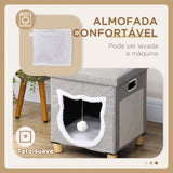 Cama Caverna para Gatos 2 em 1 Casa para Gatos Interior Tipo Apoio para os Pés com Almofada Amovível Bola Suspensa e Almofada para Arranhar 35,5x35,5x42,5 cm Cinza