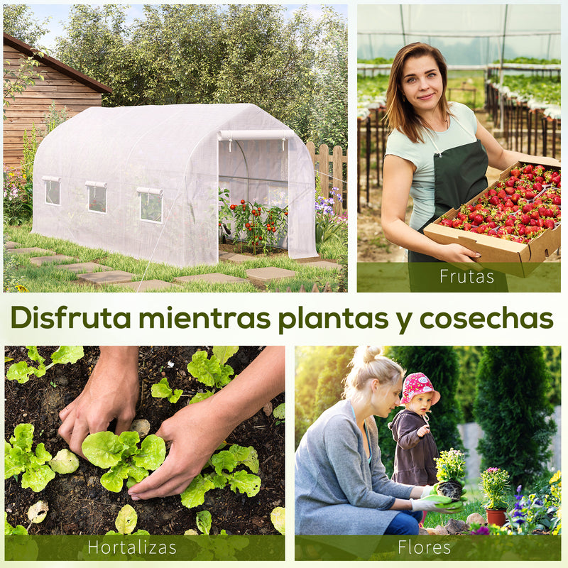 Estufa de Jardim 400x200x200cm Tipo Túnel com 6 Janelas Transpiráveis e Portas Enrolável com Zíper para Cultivo de Plantas e Verduras Branco