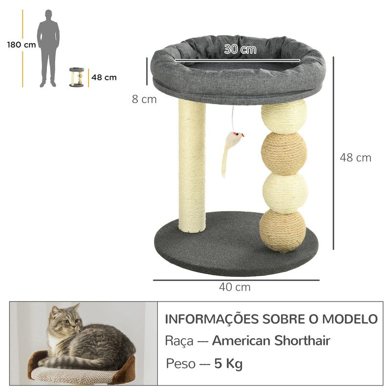 Arranhador para Gatos Pequeno Torre para Gatos Centro de Atividades para Gatos com Cama 4 Bolas e Postes de Sisal Carga 15 kg Ø40x48 cm Cinza e Bege