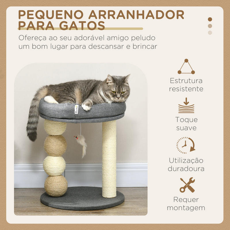 Arranhador para Gatos Pequeno Torre para Gatos Centro de Atividades para Gatos com Cama 4 Bolas e Postes de Sisal Carga 15 kg Ø40x48 cm Cinza e Bege