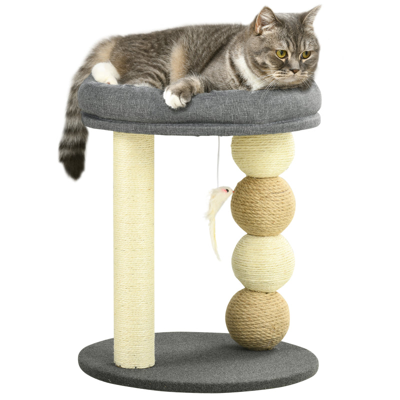 Arranhador para Gatos Pequeno Torre para Gatos Centro de Atividades para Gatos com Cama 4 Bolas e Postes de Sisal Carga 15 kg Ø40x48 cm Cinza e Bege