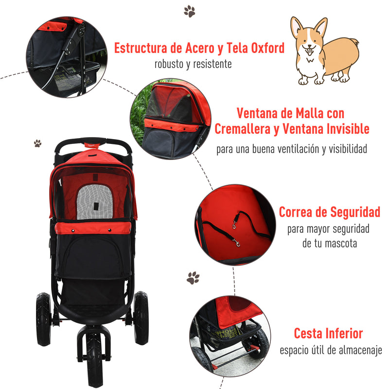 Carrinho dobrável para animais de estimação com 3 rodas Correias de segurança e cesto de armazenamento 109,5x54,5x106,5 cm Vermelho e preto