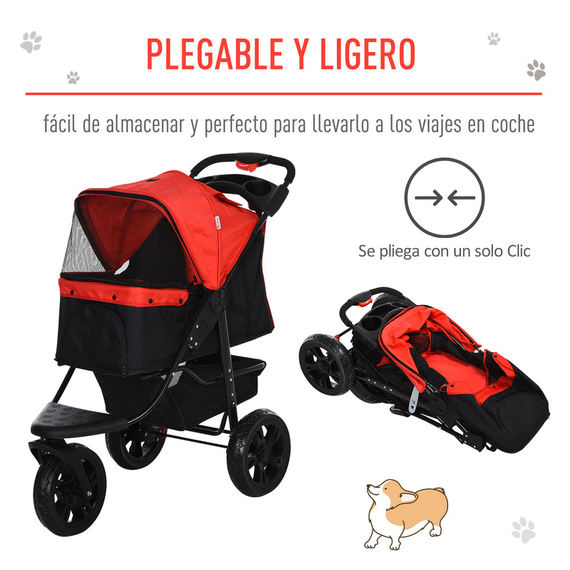 Carrinho dobrável para animais de estimação com 3 rodas Correias de segurança e cesto de armazenamento 109,5x54,5x106,5 cm Vermelho e preto