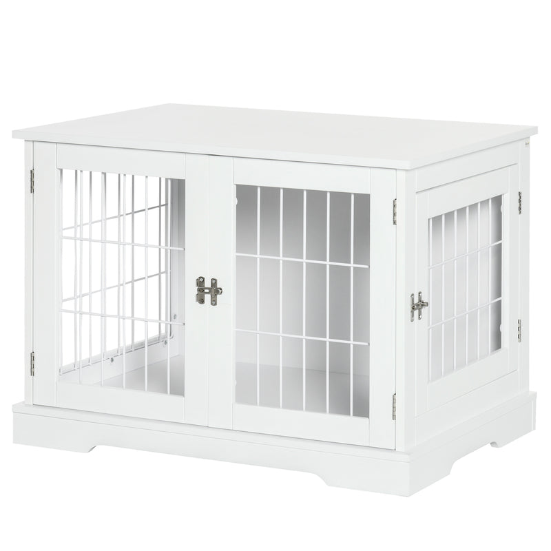 Gaiola para Cães Pequenos de Madeira 76x54,5x56cm Gaiola com Superfície de Mesa de Armazenamento com 2 Portas e Grade de Aço Branco