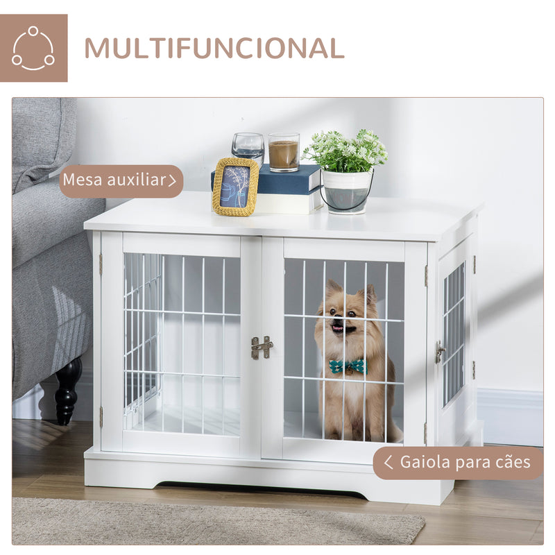 Gaiola para Cães Pequenos de Madeira 76x54,5x56cm Gaiola com Superfície de Mesa de Armazenamento com 2 Portas e Grade de Aço Branco