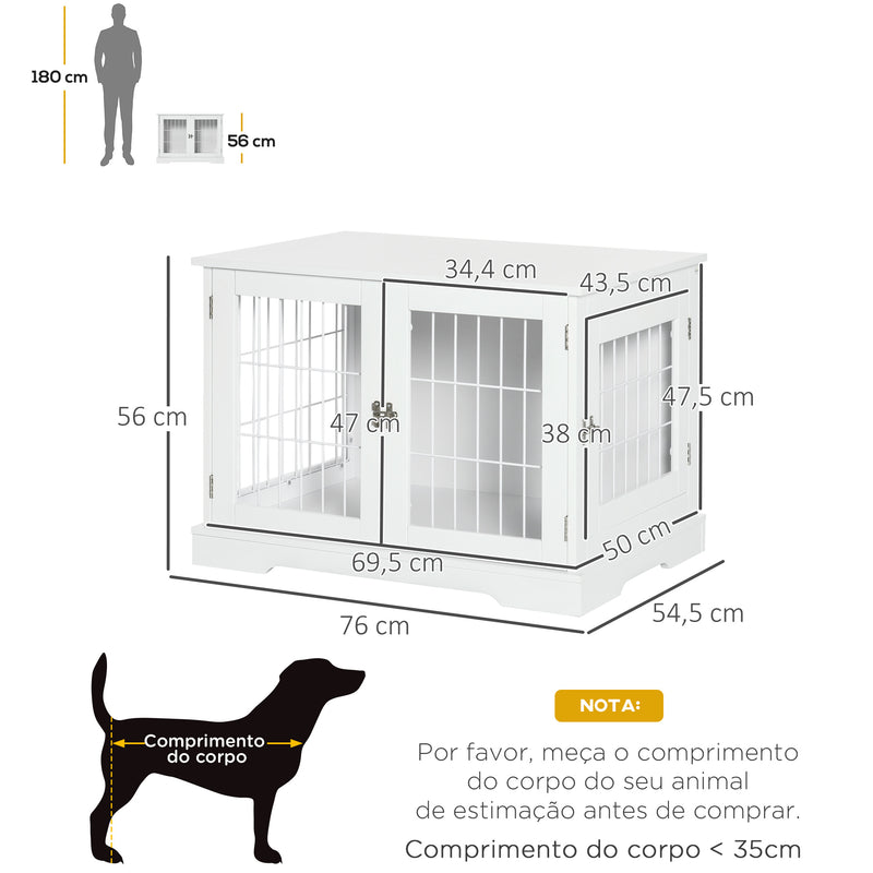 Gaiola para Cães Pequenos de Madeira 76x54,5x56cm Gaiola com Superfície de Mesa de Armazenamento com 2 Portas e Grade de Aço Branco