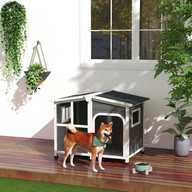 Casa para Cães de Madeira 101x66,5x70,5cm Casa para Animais de Estimação com Teto Abatível Frontal de Acrílico Porta com Cortina e Fundo Amovível Cinza Escuro