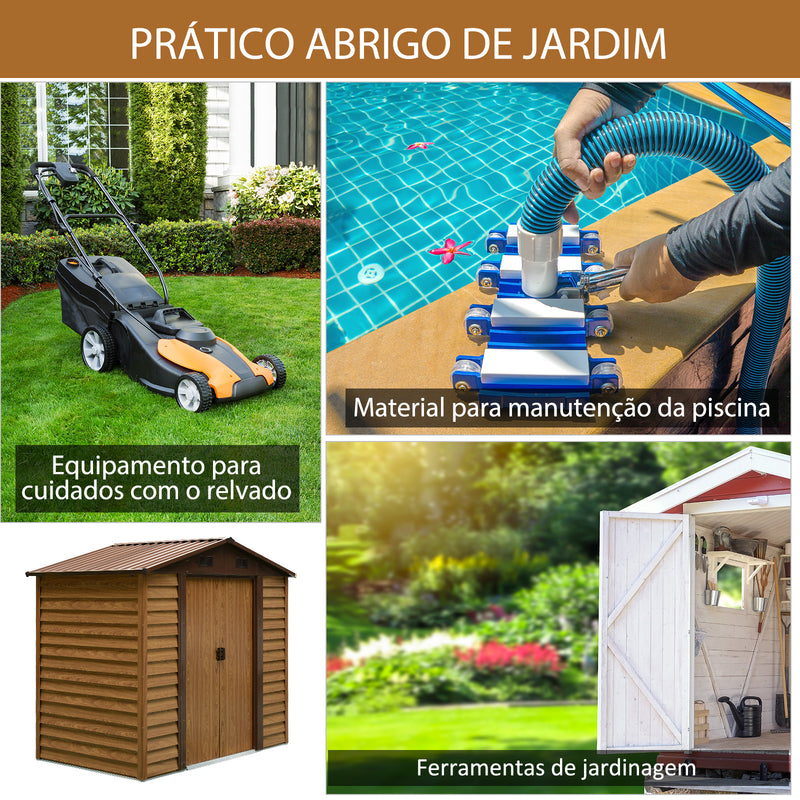 Abrigo de Jardim Exterior 3 m² 152x235,7x208,7 cm Abrigo de Jardim Metálico com 2 Portas de Correr e 4 Janelas de Ventilação para Armazenamento de Ferramentas Madeira e Marrom