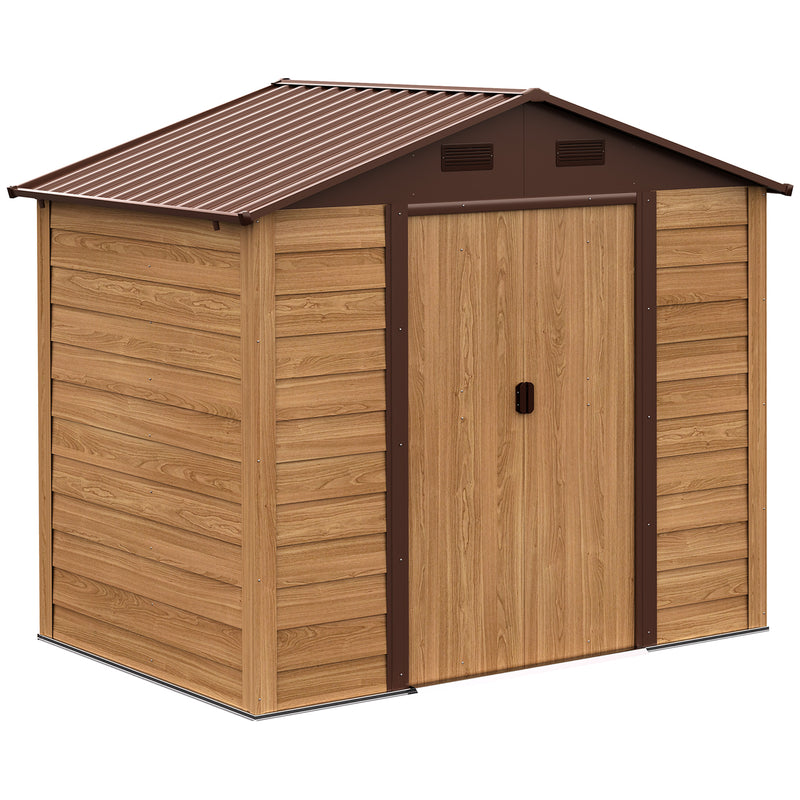 Abrigo de Jardim Exterior 3 m² 152x235,7x208,7 cm Abrigo de Jardim Metálico com 2 Portas de Correr e 4 Janelas de Ventilação para Armazenamento de Ferramentas Madeira e Marrom