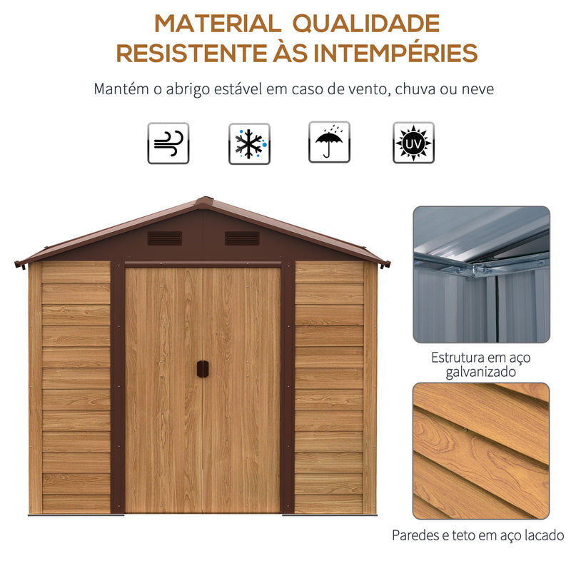 Abrigo de Jardim Exterior 3 m² 152x235,7x208,7 cm Abrigo de Jardim Metálico com 2 Portas de Correr e 4 Janelas de Ventilação para Armazenamento de Ferramentas Madeira e Marrom