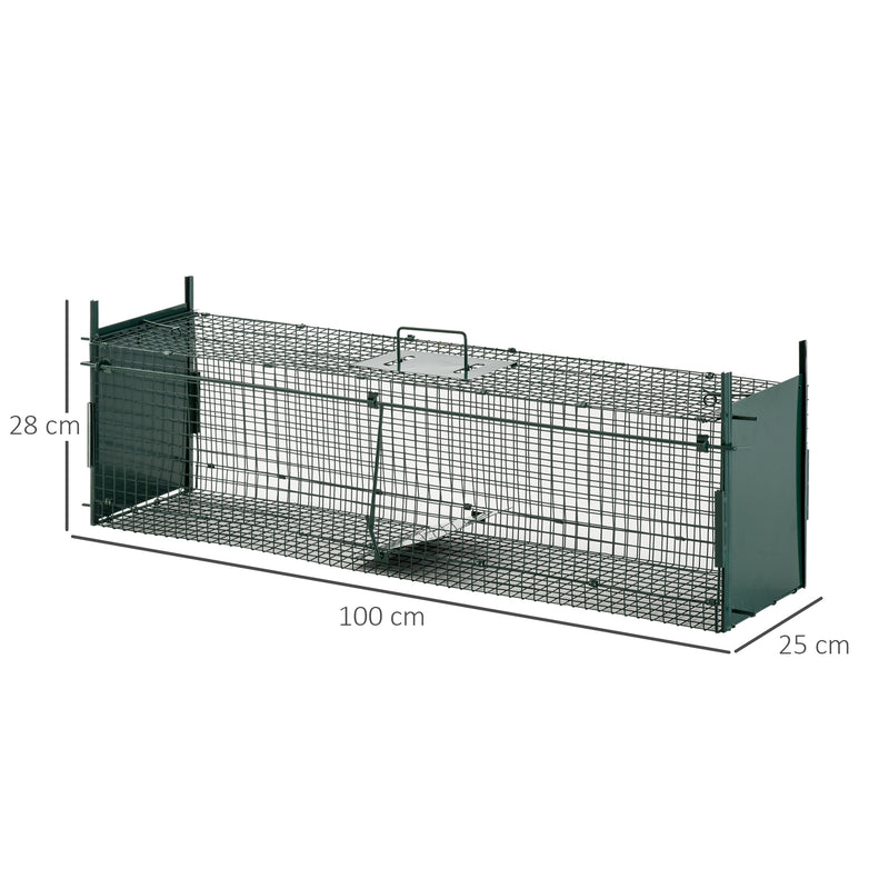 Armadilha com 2 portas para animais vivos Gaiola de captura de metal com alça 100x25x28 cm Verde escuro