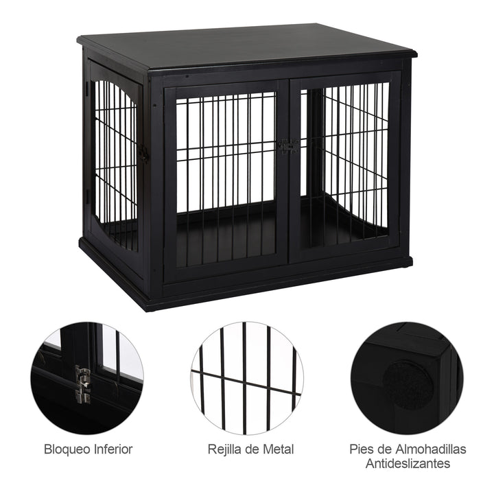 Gaiola para Cães Grande de Madeira com Superfície de Mesa 2 Portas e Grades de Metal 58,5x81x66cm Preto