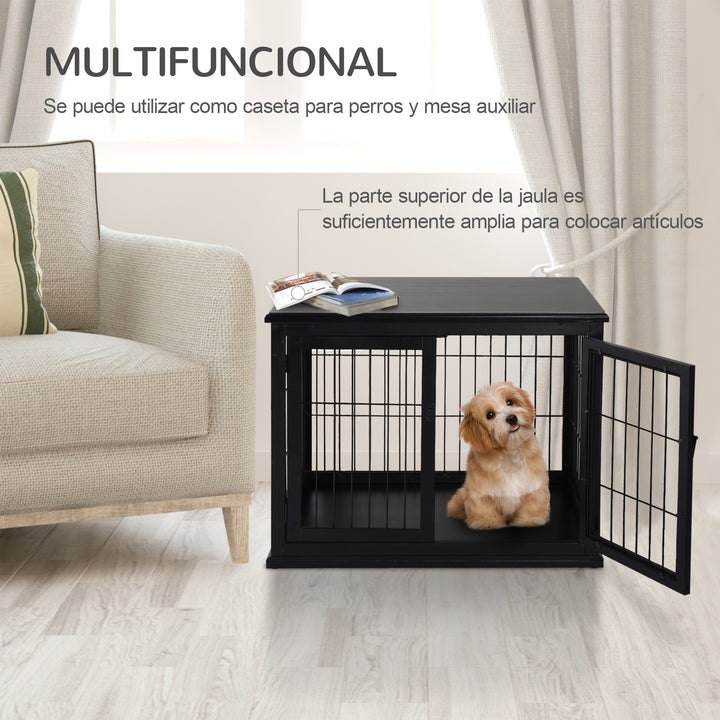 Gaiola para Cães Grande de Madeira com Superfície de Mesa 2 Portas e Grades de Metal 58,5x81x66cm Preto
