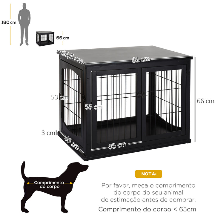 Gaiola para Cães Grande de Madeira com Superfície de Mesa 2 Portas e Grades de Metal 58,5x81x66cm Preto