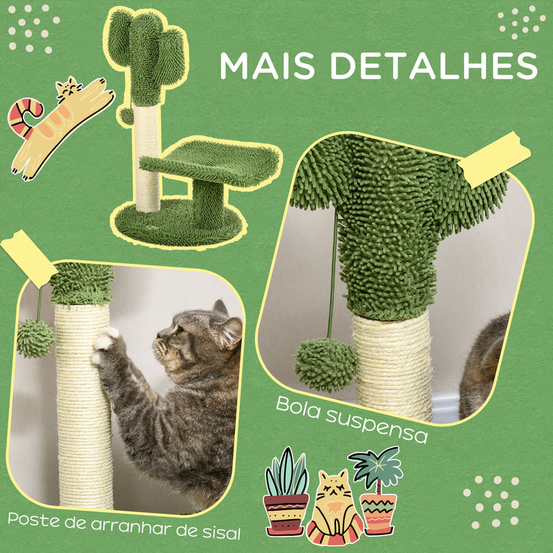 Arranhador para Gatos em Forma de Cactus de 55,5 cm Torre para Gatos com Poste de Sisal Cama e Bola de Brinquedo 35x31x55,5 cm Verde