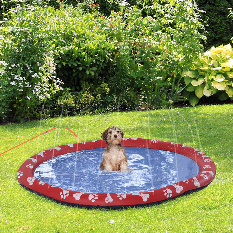 Splash Pad 150 cm Tapete Aquático para Animais de Estimação com Pulverizador de Água Piscina Portátil para Cães Vermelho