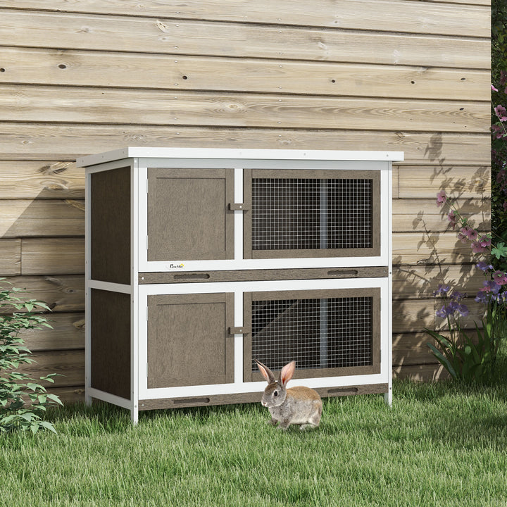 Coelheira de Madeira Gaiola para Coelhos de 2 Pisos 97x44x91 cm com Teto Asfáltico Portas com Trava Bandejas Amovíveis e Rampa para 2 Coelhos Marrom