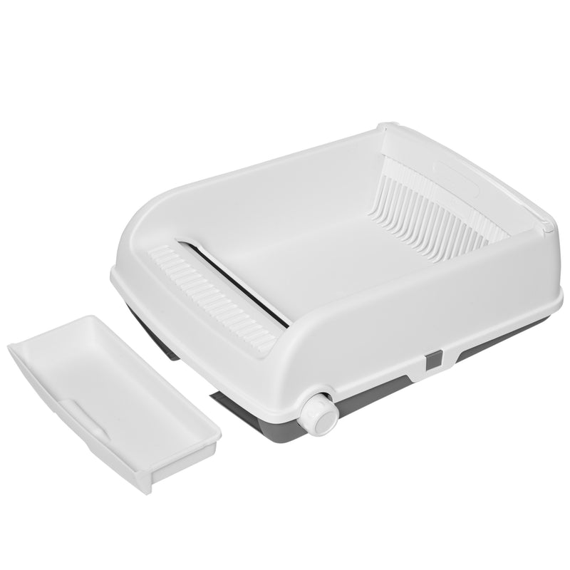 Caixa de Areia para Gatos Caixa de Areia Aberta Semi-Automática com Botão Ancinho Bandeja Removível e Borda Alta 62x46,5x19,5cm Branco