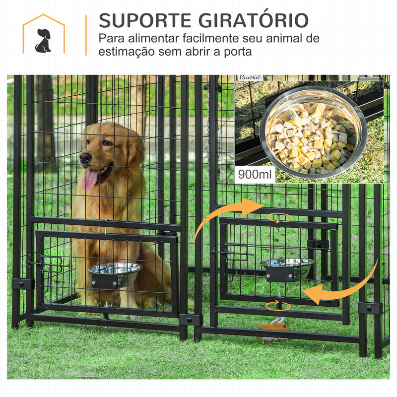 Parque para Animais de Estimação com Toldo de Tecido Oxford Gaiola para Cães 8 Painéis com 2 Comedouros Giratórios Porta com Fechadura para Jardim Exterior 120x120x138cm Preto