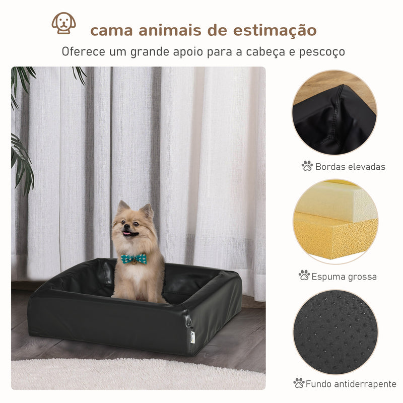 Cama para Cães Gatos Estofada em Couro PU Cama para Animais de Estimação Pequenos Amovível e Lavável com Zíper 58x49x14,5cm Preto