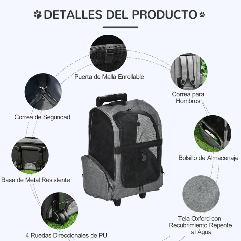 Transportadora Carrinho para Animais de Estimação 2 em 1 Mochila de Viagem com 2 Rodas para Cães Gatos com Alça Retrátil de Alumínio e Bolso de Armazenamento 42x25x55cm Cinza