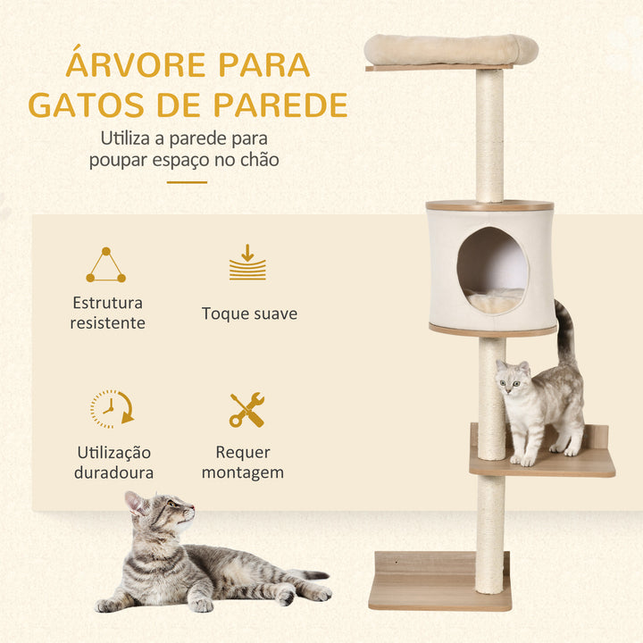 Árvore para Gatos de Parede com Múltiplas Plataformas Caverna Cama Superior Almofada Removível Postes Arranhadores de Sisal Torre para Escalar 38x30x149cm Bege e Carvalho