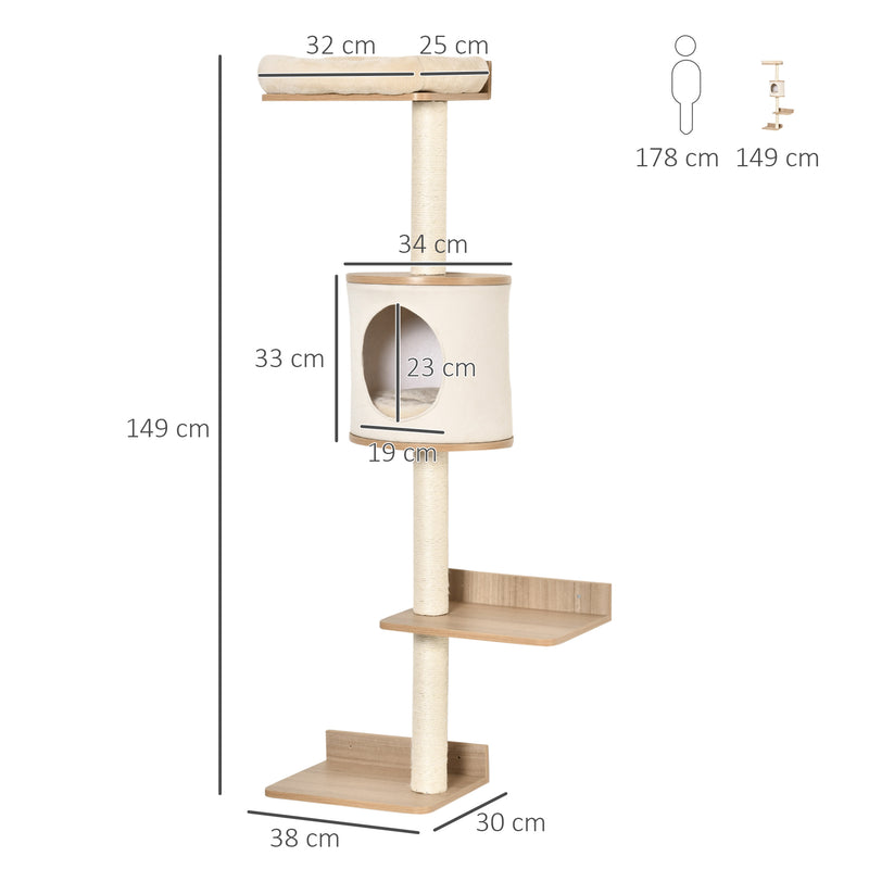 Árvore para Gatos de Parede com Múltiplas Plataformas Caverna Cama Superior Almofada Removível Postes Arranhadores de Sisal Torre para Escalar 38x30x149cm Bege e Carvalho