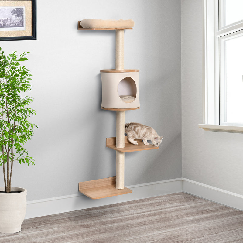 Árvore para Gatos de Parede com Múltiplas Plataformas Caverna Cama Superior Almofada Removível Postes Arranhadores de Sisal Torre para Escalar 38x30x149cm Bege e Carvalho