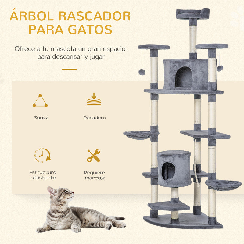 Árvore Cinza para Gatos Grande 200cm Postes Arranhadores de Sisal Natural e Bolas de Brinquedo