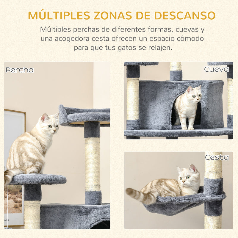 Árvore Cinza para Gatos Grande 200cm Postes Arranhadores de Sisal Natural e Bolas de Brinquedo