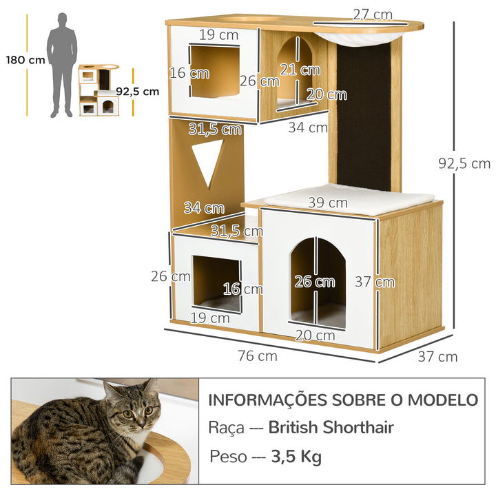 Casa para Gatos Altura 92,5cm Torre para Gatos com 3 Casas de Madeira Almofadas Laváveis Placa de Arranhar e Rede 76x37x92,5cm Carvalho