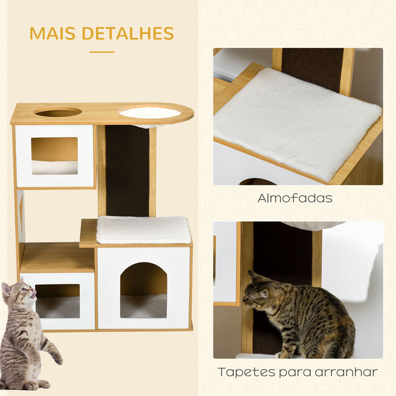 Casa para Gatos Altura 92,5cm Torre para Gatos com 3 Casas de Madeira Almofadas Laváveis Placa de Arranhar e Rede 76x37x92,5cm Carvalho