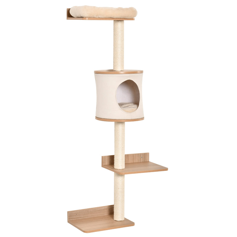 Árvore para Gatos de Parede com Múltiplas Plataformas Caverna Cama Superior Almofada Removível Postes Arranhadores de Sisal Torre para Escalar 38x30x149cm Bege e Carvalho