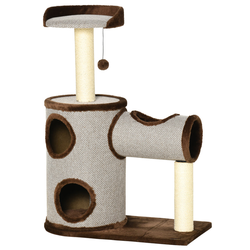 Árvore Arranhador para Gatos Médios Altura 104cm Torre de Escalada para Gatos com Barril Arranhador Plataforma Superior Túnel Poste de Sisal e Bola Suspensa 75x39x104cm Marrom