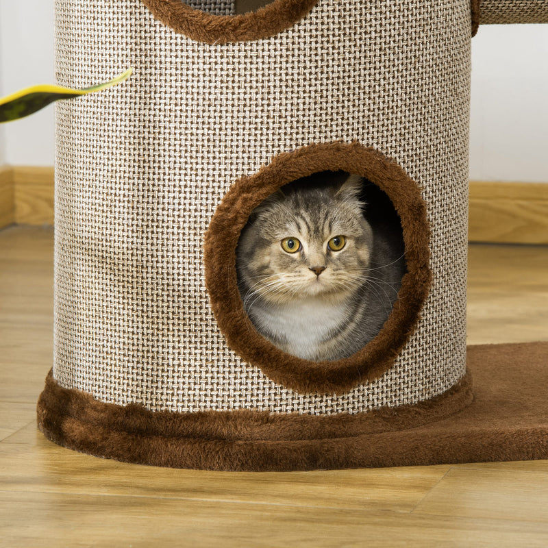 Árvore Arranhador para Gatos Médios Altura 104cm Torre de Escalada para Gatos com Barril Arranhador Plataforma Superior Túnel Poste de Sisal e Bola Suspensa 75x39x104cm Marrom