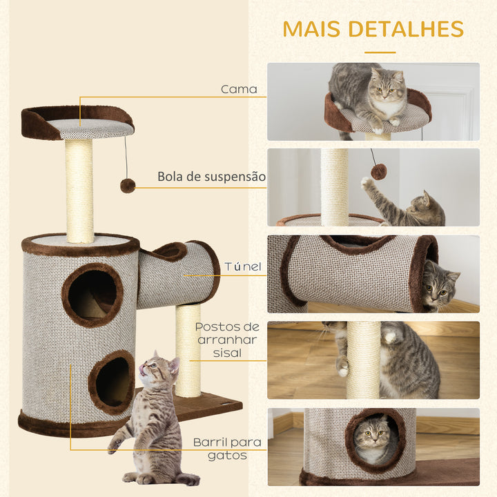Árvore Arranhador para Gatos Médios Altura 104cm Torre de Escalada para Gatos com Barril Arranhador Plataforma Superior Túnel Poste de Sisal e Bola Suspensa 75x39x104cm Marrom