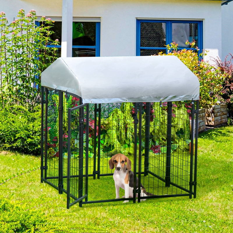 Parque para Animais de Estimação com Teto 120x120x138cm Canil para Cães com Malha de Metal e Porta com Fechadura para Jardim Pátio Preto e Prata