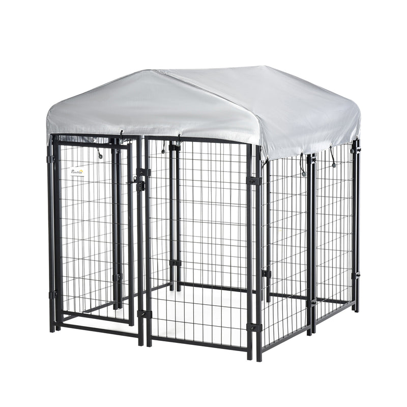 Parque para Animais de Estimação com Teto 120x120x138cm Canil para Cães com Malha de Metal e Porta com Fechadura para Jardim Pátio Preto e Prata