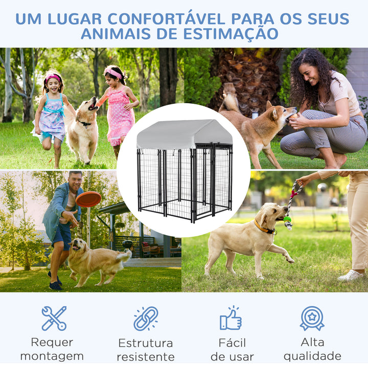 Parque para Animais de Estimação com Teto 120x120x138cm Canil para Cães com Malha de Metal e Porta com Fechadura para Jardim Pátio Preto e Prata