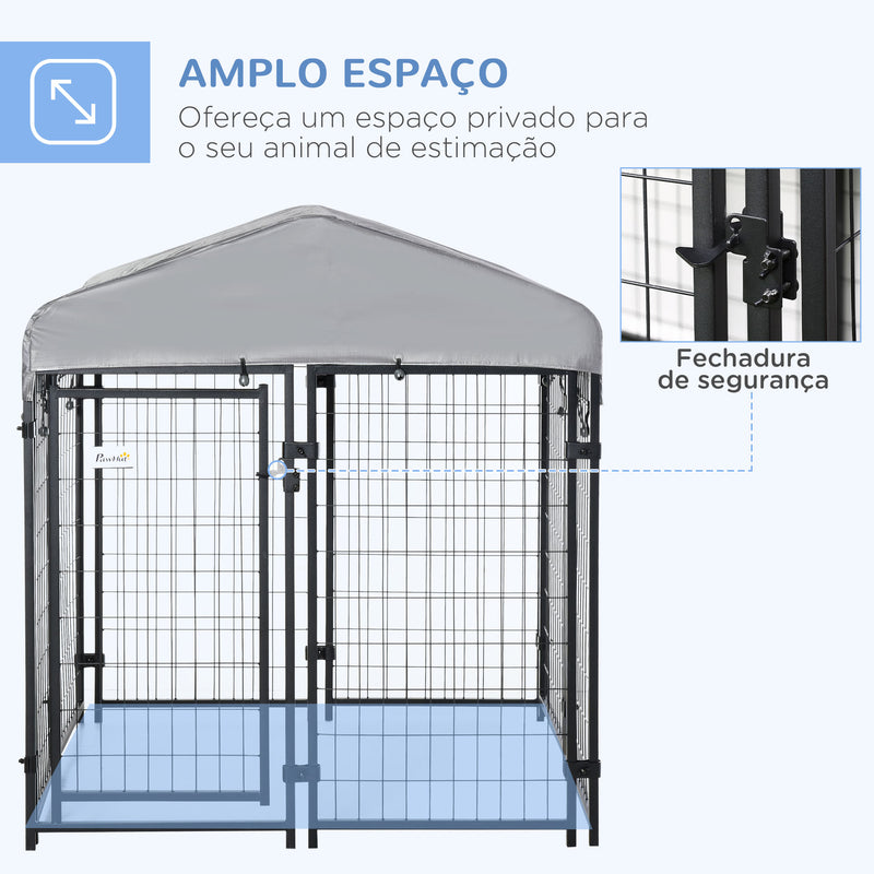 Parque para Animais de Estimação com Teto 120x120x138cm Canil para Cães com Malha de Metal e Porta com Fechadura para Jardim Pátio Preto e Prata