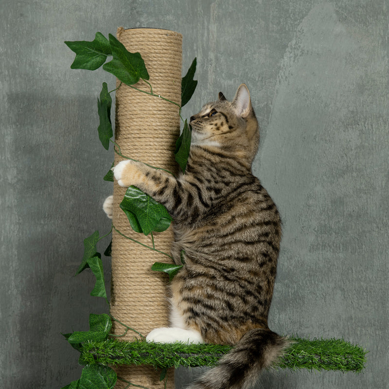 Árvore para Gatos do Chão ao Teto 37x21x202-242 cm Torre Arranhador para Gatos com Altura Ajustável 4 Plataformas de Relva Artificial Folhas Artificiais e Poste de Juta Verde