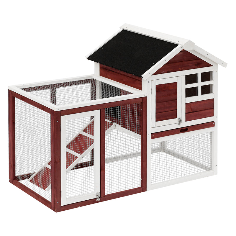 Coelheira de Madeira Exterior de 2 Níveis Gaiola para Coelhos Animais Pequenos com Zona Aberta Teto Asfáltico Bandeja Removível e Rampa 122x62,6x92cm Vermelho