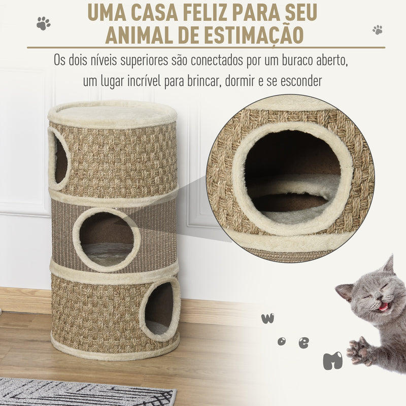 Barril de arranhar para gatos com 3 níveis com plataforma cama confortável e espigões de 37,5x37,5x70 cm Marrom claro e bege