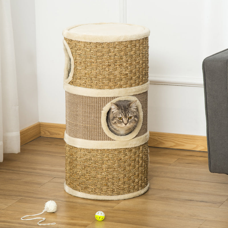 Barril de arranhar para gatos com 3 níveis com plataforma cama confortável e espigões de 37,5x37,5x70 cm Marrom claro e bege