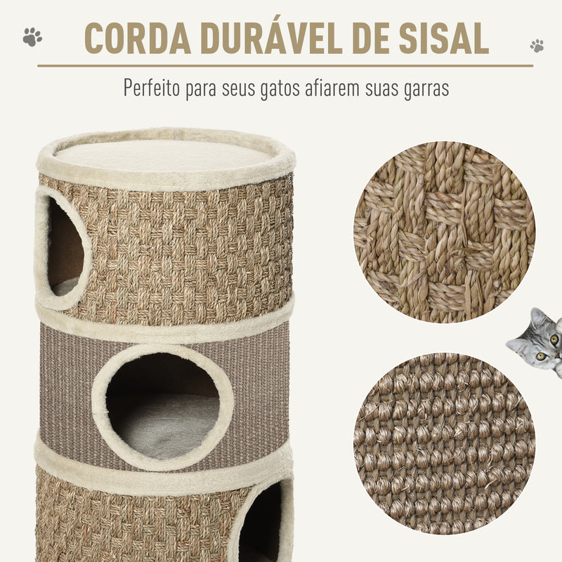 Barril de arranhar para gatos com 3 níveis com plataforma cama confortável e espigões de 37,5x37,5x70 cm Marrom claro e bege