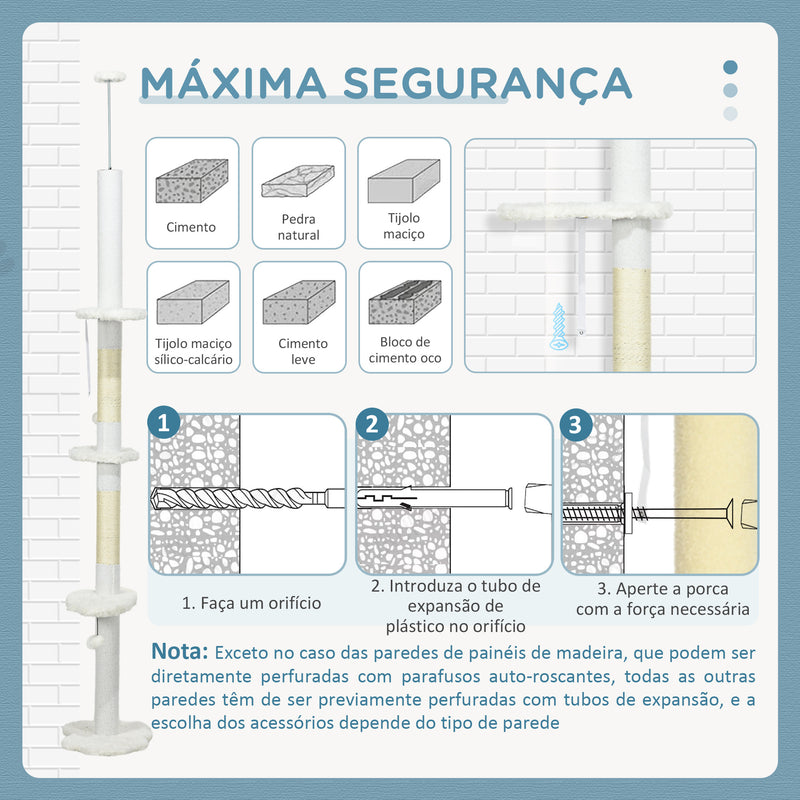 Arranhador para Gatos de 255 cm Torre para Gatos do Chão ao Teto com Altura Ajustável 3 Plataformas em Forma de Nuvem Poste de Arranhar e Bolas Suspensas 48x32x225-255 cm Branco