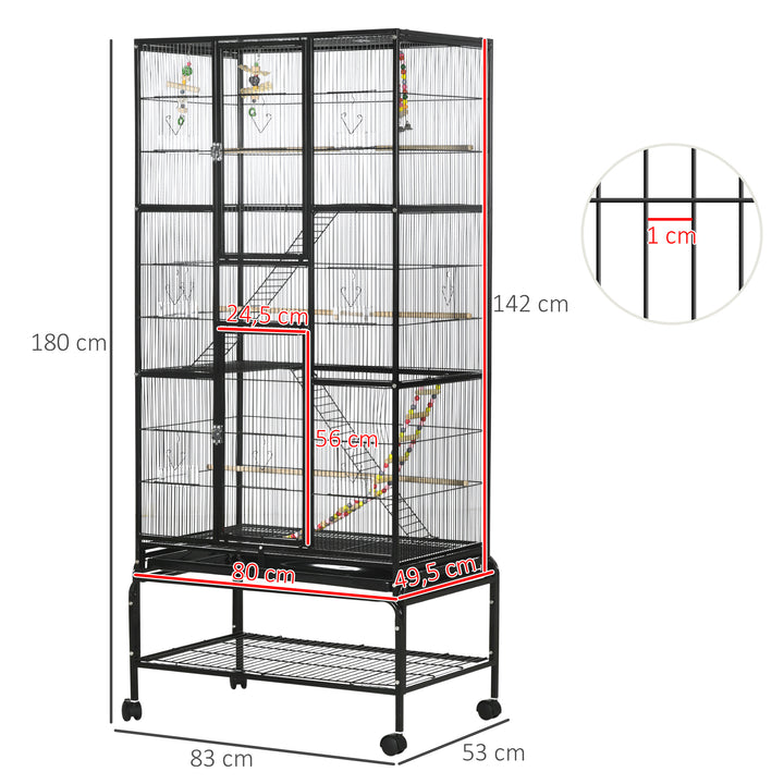 Gaiola para Pássaros com Rodas 83x53x180 cm Gaiola Metálica de 3 Níveis com 3 Poleiros Comedouros Brinquedos Rampas e Prateleira de Armazenamento para Canários Periquitos Preto