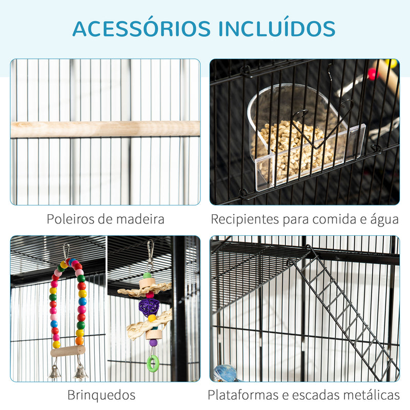 Gaiola para Pássaros com Rodas 83x53x180 cm Gaiola Metálica de 3 Níveis com 3 Poleiros Comedouros Brinquedos Rampas e Prateleira de Armazenamento para Canários Periquitos Preto